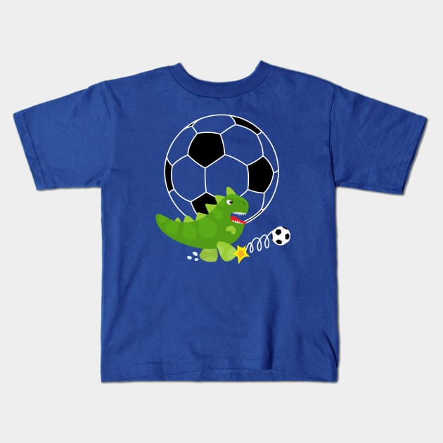 Cute Dinosaur Playing Soccer - Navy Background Kids T-Shirt by XOOXOO